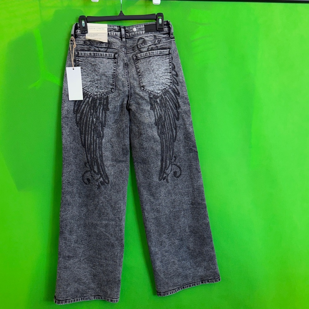 Women's Black Acid-Wash Jeans with Embroidered Wing Detail